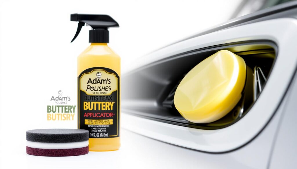 Adam's Polishes Buttery Wax bottle and application showing deep gloss on car paint Adam's Polishes Buttery Wax bottle and application showing deep gloss on car paint