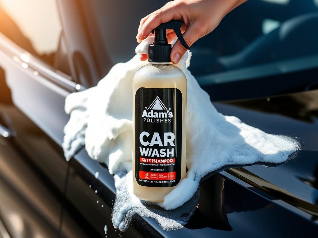 Adam's Polishes Car Wash Shampoo bottle with foam application on black car Adam's Polishes Car Wash Shampoo bottle with foam application on black car