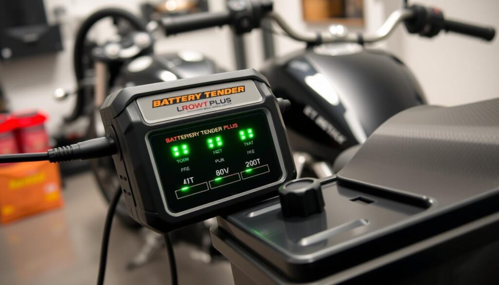 Battery Tender Plus connected to a motorcycle battery Battery Tender Plus connected to a motorcycle battery