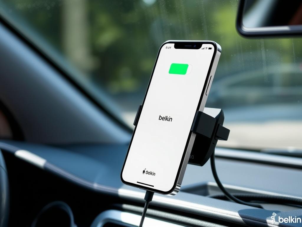 Belkin BoostCharge Pro MagSafe car charger mounted on dashboard