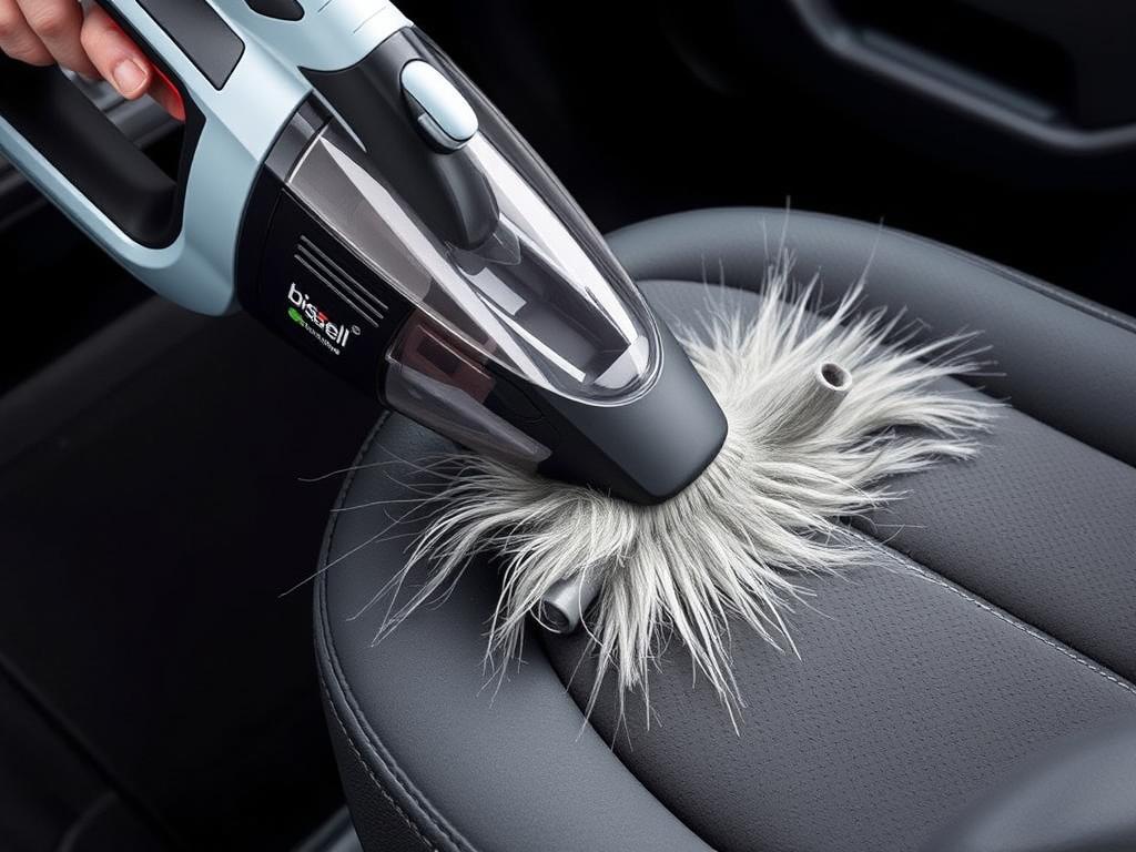Bissell Pet Hair Eraser cordless vacuum cleaning pet hair from car seats