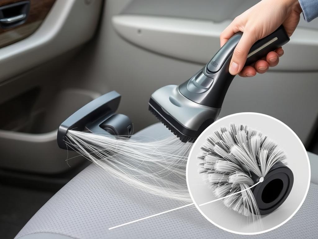 Bissell Pet Hair Eraser removing long pet hair from car upholstery Bissell Pet Hair Eraser removing long pet hair from car upholstery