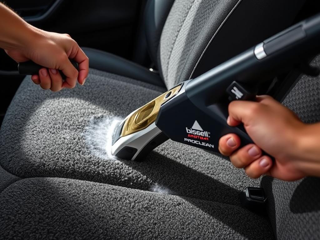 Bissell SpotClean ProHeat being used to extract dirt from car upholstery