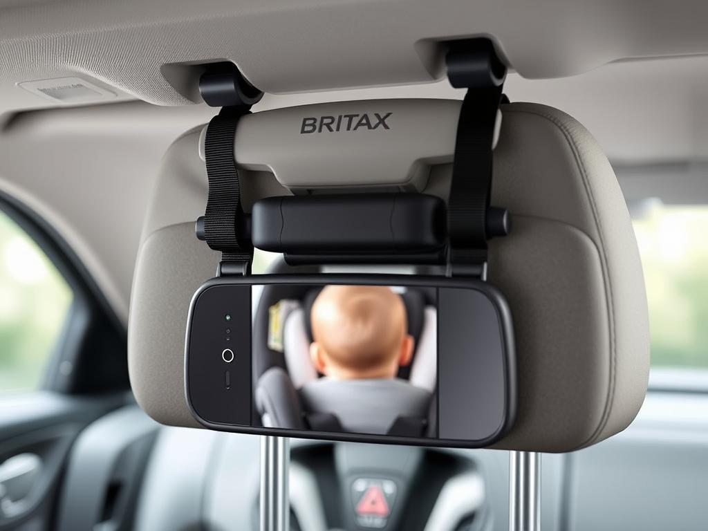 Britax Backseat Mirror showing secure headrest attachment system