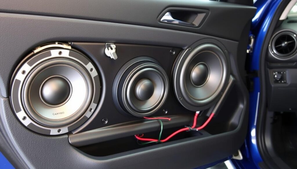 Car audio installation showing component speakers being installed in a door panel - best car audio brands Car audio installation showing component speakers being installed in a door panel - best car audio brands