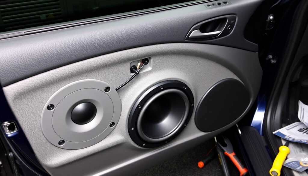 Car audio installation showing speaker placement for optimal bass response Car audio installation showing speaker placement for optimal bass response
