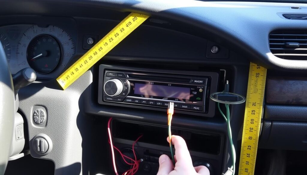 Car dashboard showing installation of modern car stereo with measurement tools Car dashboard showing installation of modern car stereo with measurement tools