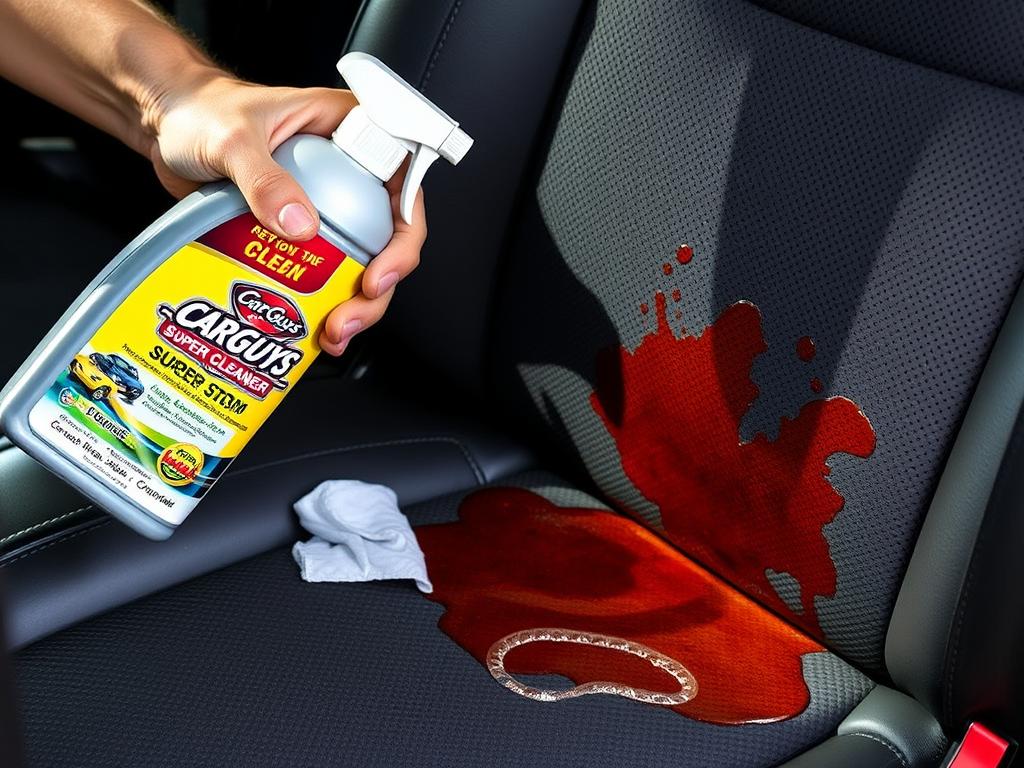 CarGuys Super Cleaner removing tough stains from car upholstery