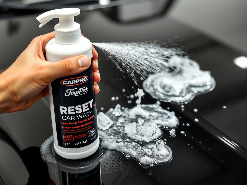 CarPro Reset Car Wash bottle with foam application on ceramic coated black car CarPro Reset Car Wash bottle with foam application on ceramic coated black car