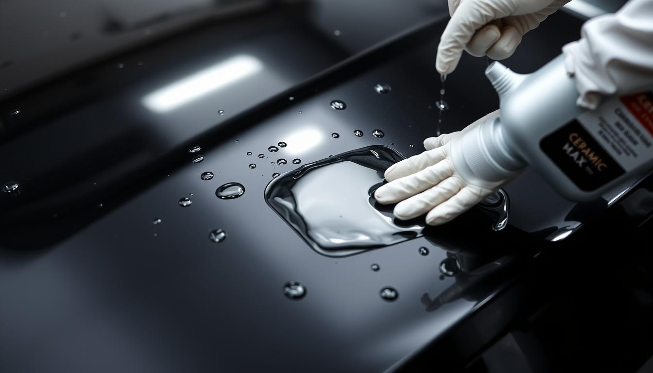 Ceramic car wax application showing water beading on treated surface