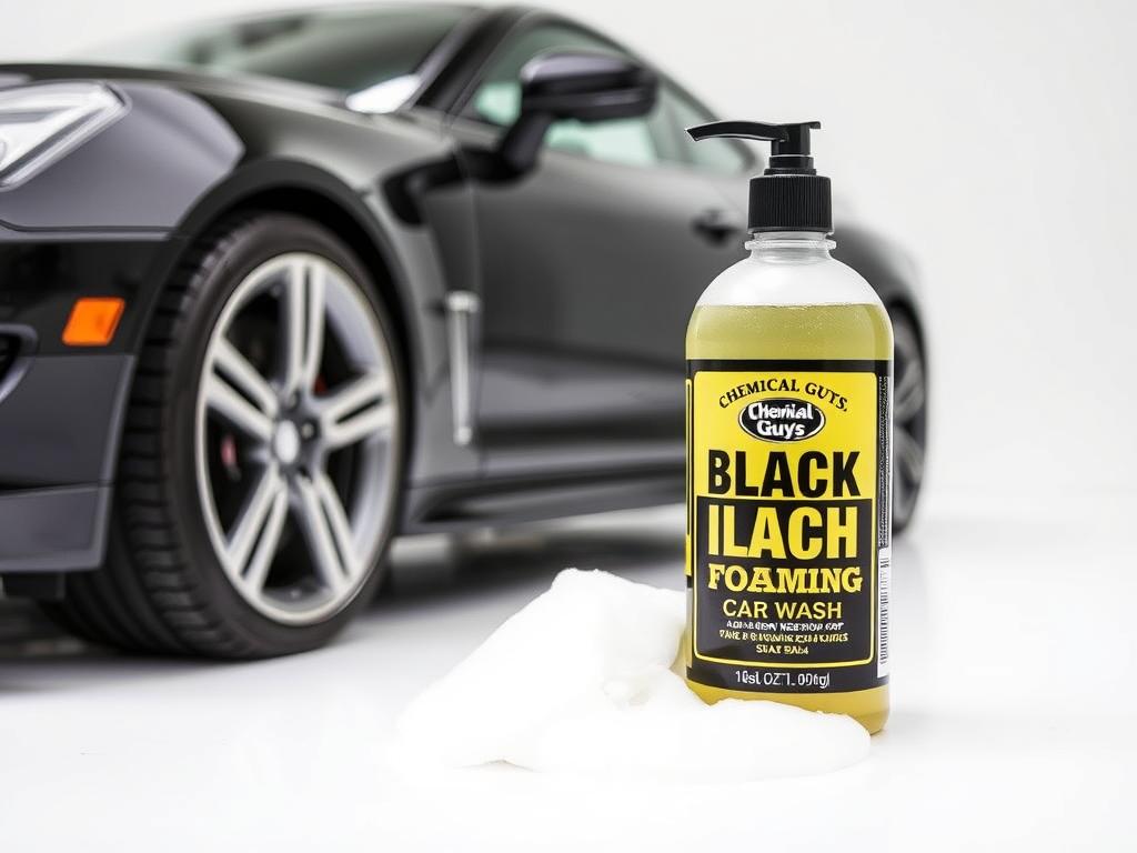 Chemical Guys Black Light Foaming Car Wash Soap bottle with foam and black car in background