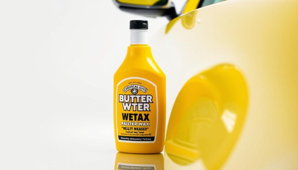 Chemical Guys Butter Wet Wax bottle and application showing deep wet shine on car paint Chemical Guys Butter Wet Wax bottle and application showing deep wet shine on car paint