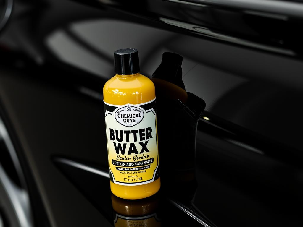 Chemical Guys Butter Wet Wax bottle next to a freshly waxed black car Chemical Guys Butter Wet Wax bottle next to a freshly waxed black car