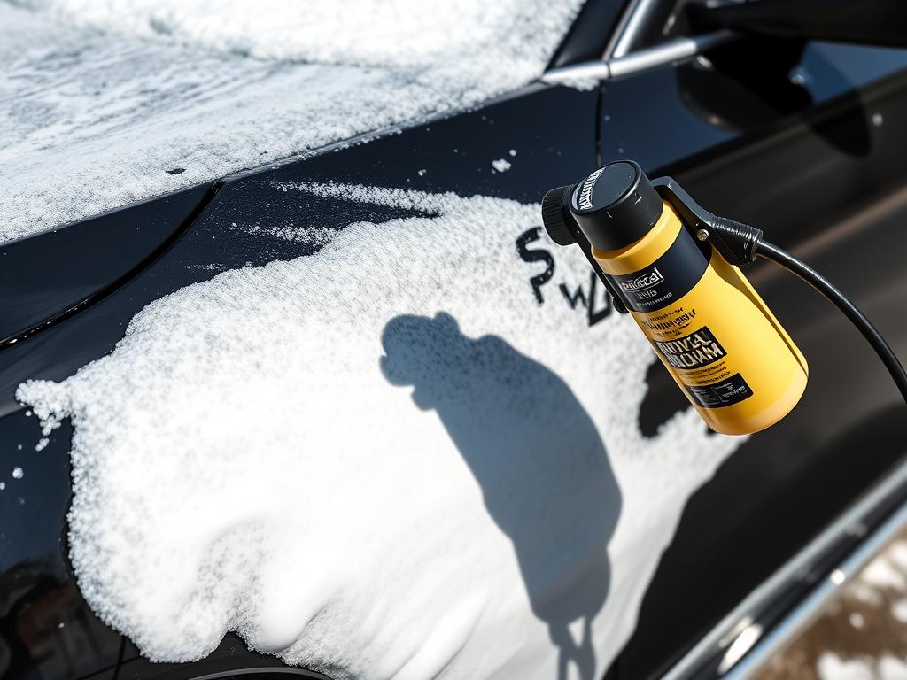 Chemical Guys Honeydew Snow Foam being applied to a car with foam cannon Chemical Guys Honeydew Snow Foam being applied to a car with foam cannon