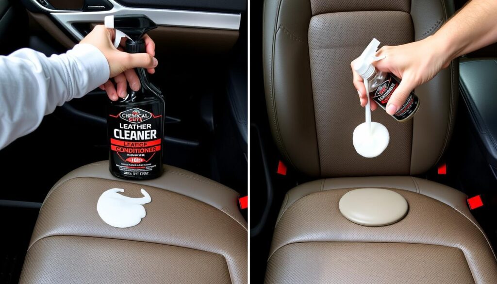 Chemical Guys Leather Cleaner and Conditioner being applied to car seats