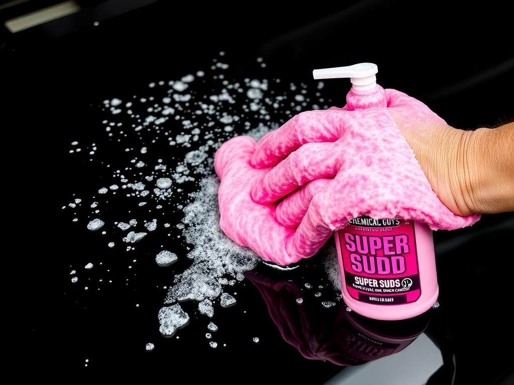 Chemical Guys Mr. Pink Super Suds bottle with foam application on black car Chemical Guys Mr. Pink Super Suds bottle with foam application on black car