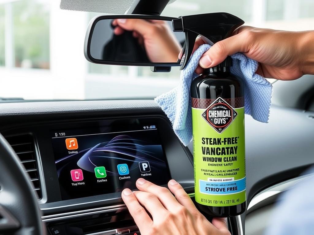 Chemical Guys Streak Free Window Clean being used on car infotainment screen Chemical Guys Streak Free Window Clean being used on car infotainment screen