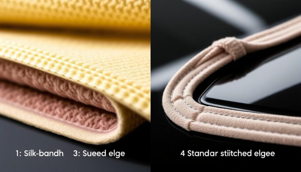 Close-up comparison of different microfiber towel edge types including silk-banded, suede, and edgeless designs Close-up comparison of different microfiber towel edge types including silk-banded, suede, and edgeless designs