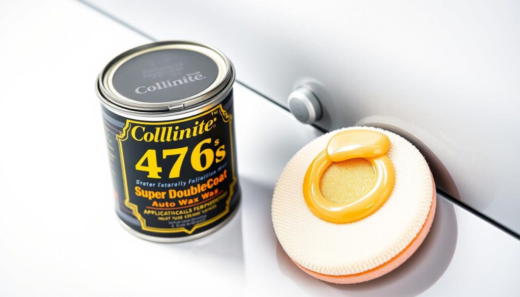 Collinite No. 476s Super DoubleCoat Auto Wax tin and application showing durable protection Collinite No. 476s Super DoubleCoat Auto Wax tin and application showing durable protection