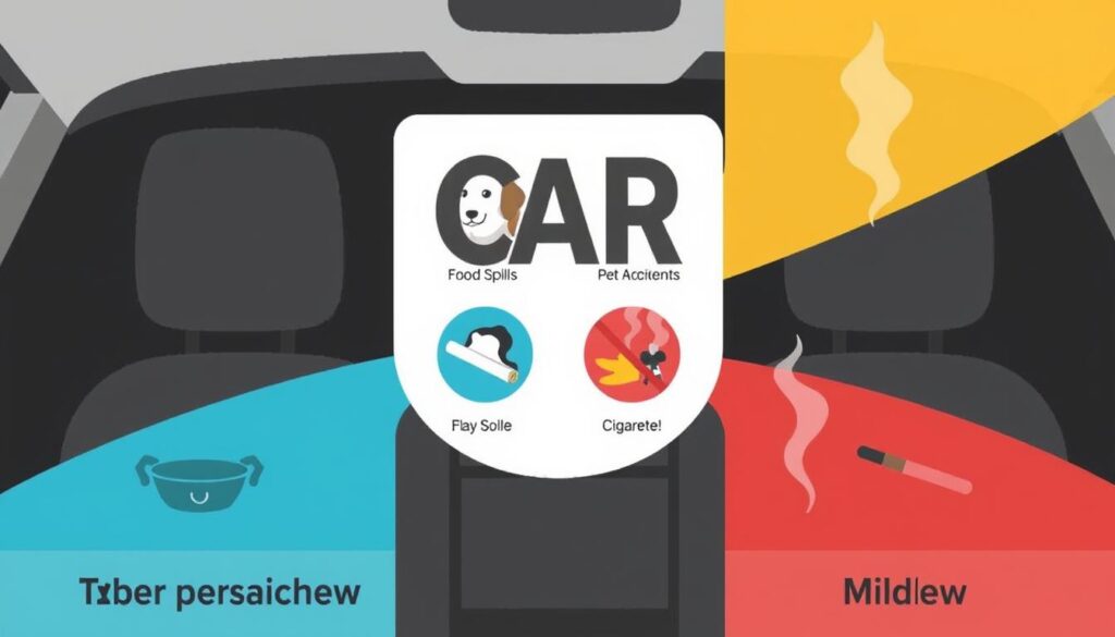Different sources of car odors with visual indicators Different sources of car odors with visual indicators