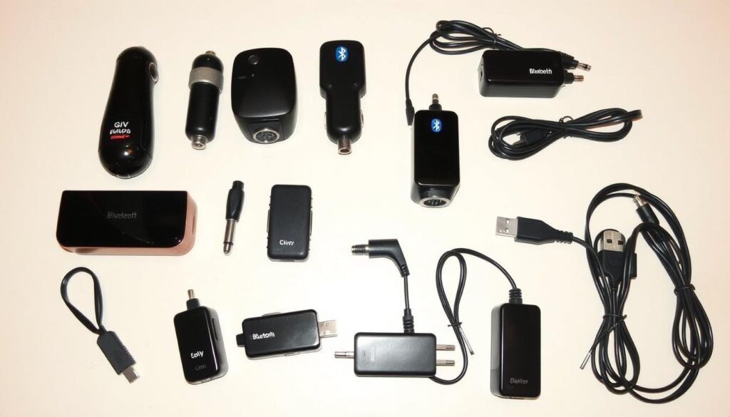 Different types of Bluetooth car adapters showing connection options