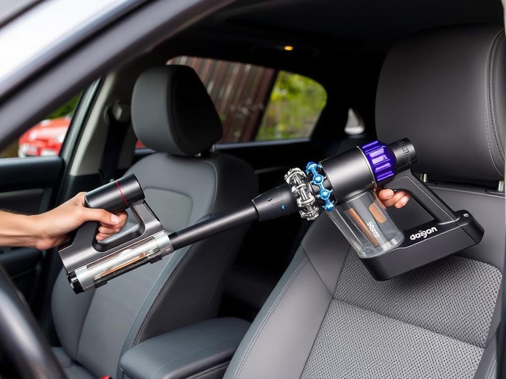 Dyson V7 Trigger car vacuum cleaner being used to clean car seats