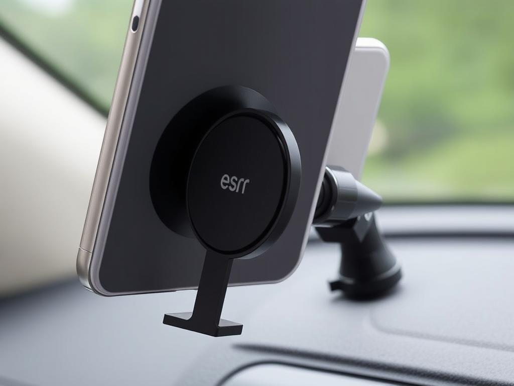 ESR HaloLock MagSafe car mount with iPhone attached showing strong magnetic connection ESR HaloLock MagSafe car mount with iPhone attached showing strong magnetic connection