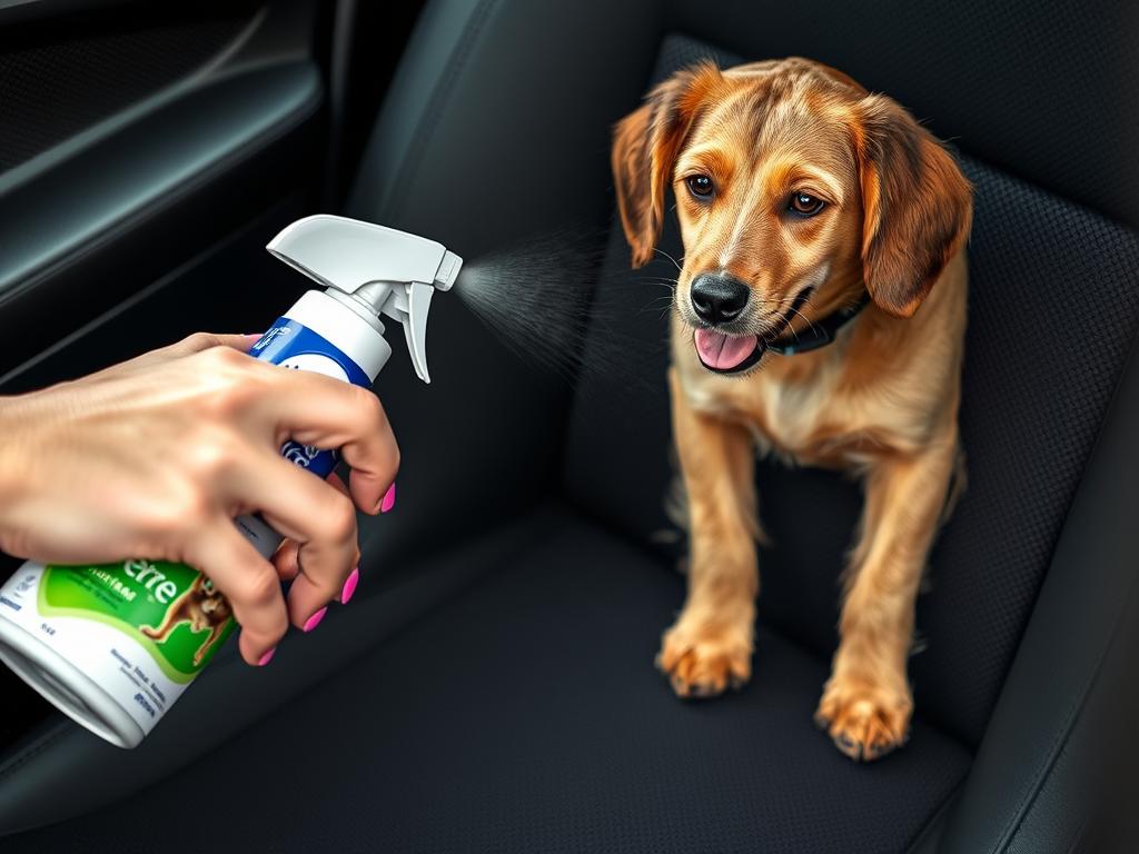 Febreze Fabric Pet Odor Eliminator being used on car seat with dog hair Febreze Fabric Pet Odor Eliminator being used on car seat with dog hair