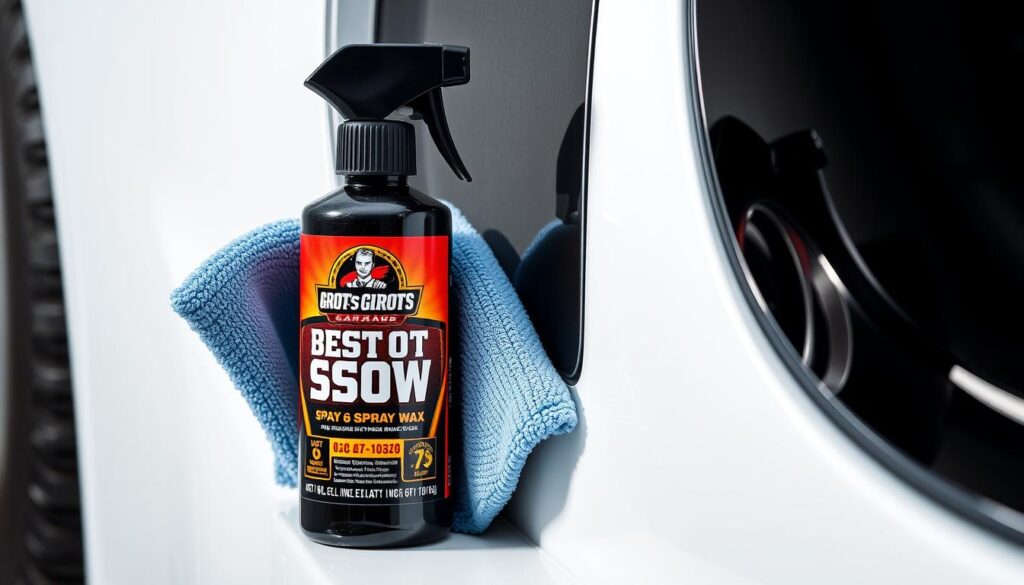 Griot's Garage Best of Show Spray Wax bottle and application showing quick shine enhancement Griot's Garage Best of Show Spray Wax bottle and application showing quick shine enhancement
