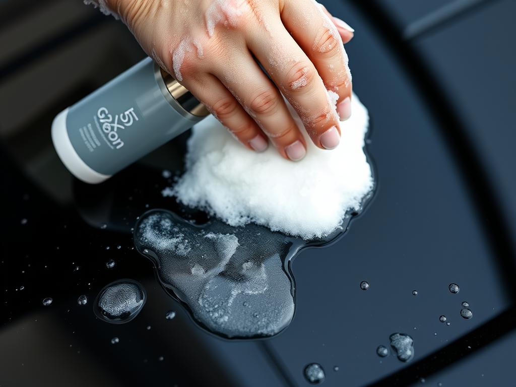 Gyeon Q²M Bathe+ bottle with SiO2 infused foam on black car Gyeon Q²M Bathe+ bottle with SiO2 infused foam on black car