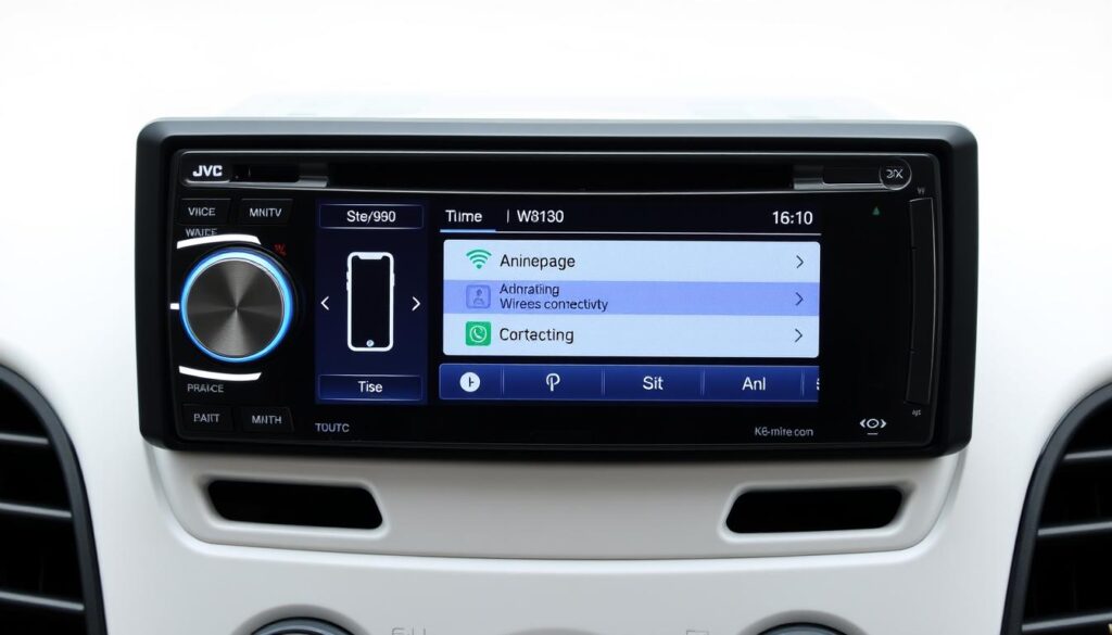 JVC KW-M865BW car stereo with 6.8-inch display showing wireless connectivity features JVC KW-M865BW car stereo with 6.8-inch display showing wireless connectivity features