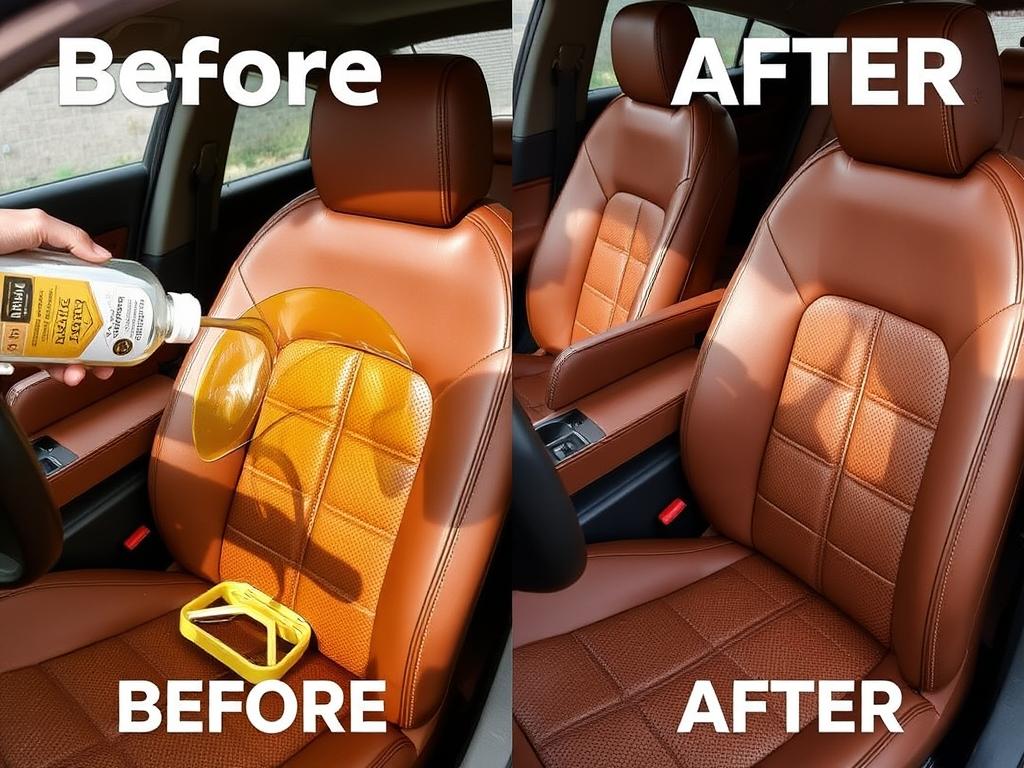 Leather Honey Leather Cleaner being applied to car leather seats showing before and after results