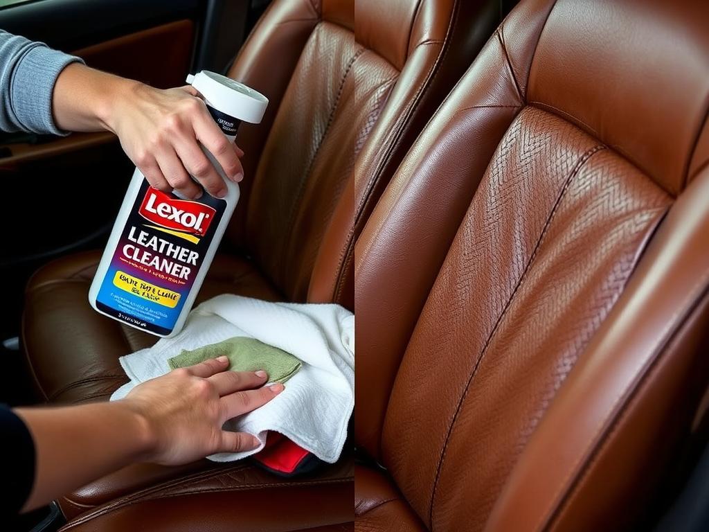 Lexol Leather Cleaner being used on aged leather seats showing deep cleaning action