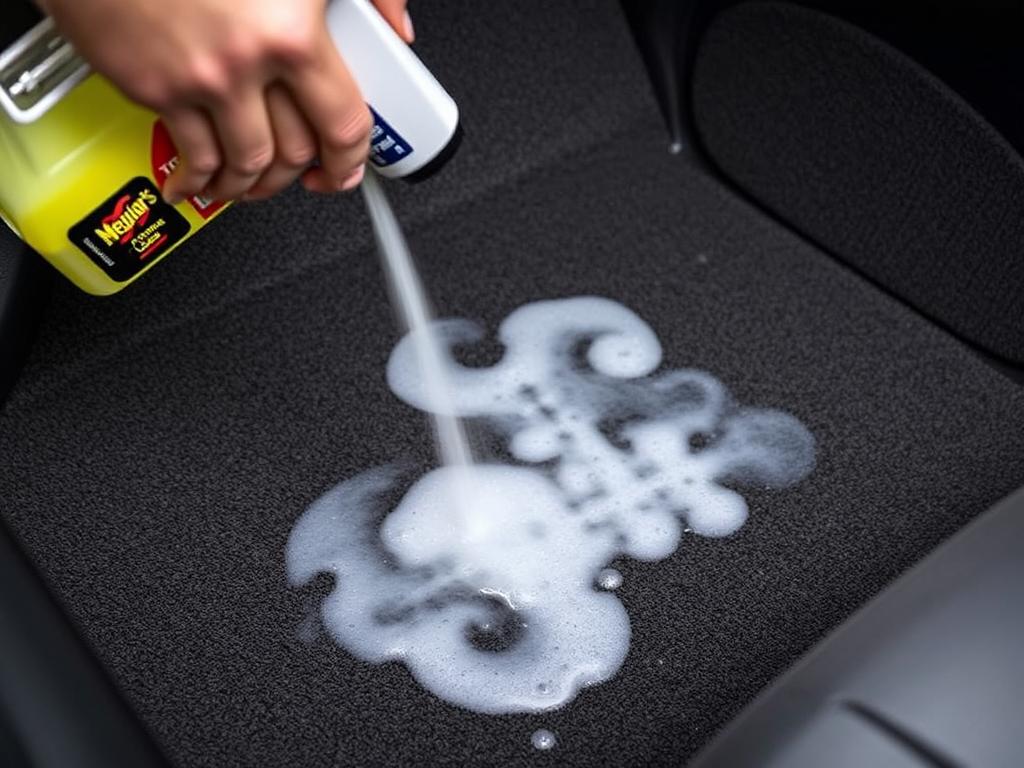 Meguiar's Carpet & Upholstery Cleaner being used on car carpet