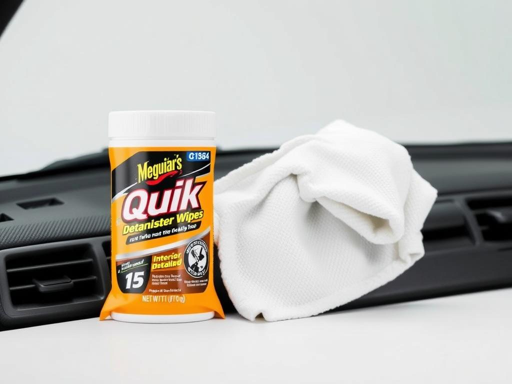 Meguiar's G1364 Quik Interior Detailer Wipes package and wipe cleaning a car dashboard Meguiar's G1364 Quik Interior Detailer Wipes package and wipe cleaning a car dashboard