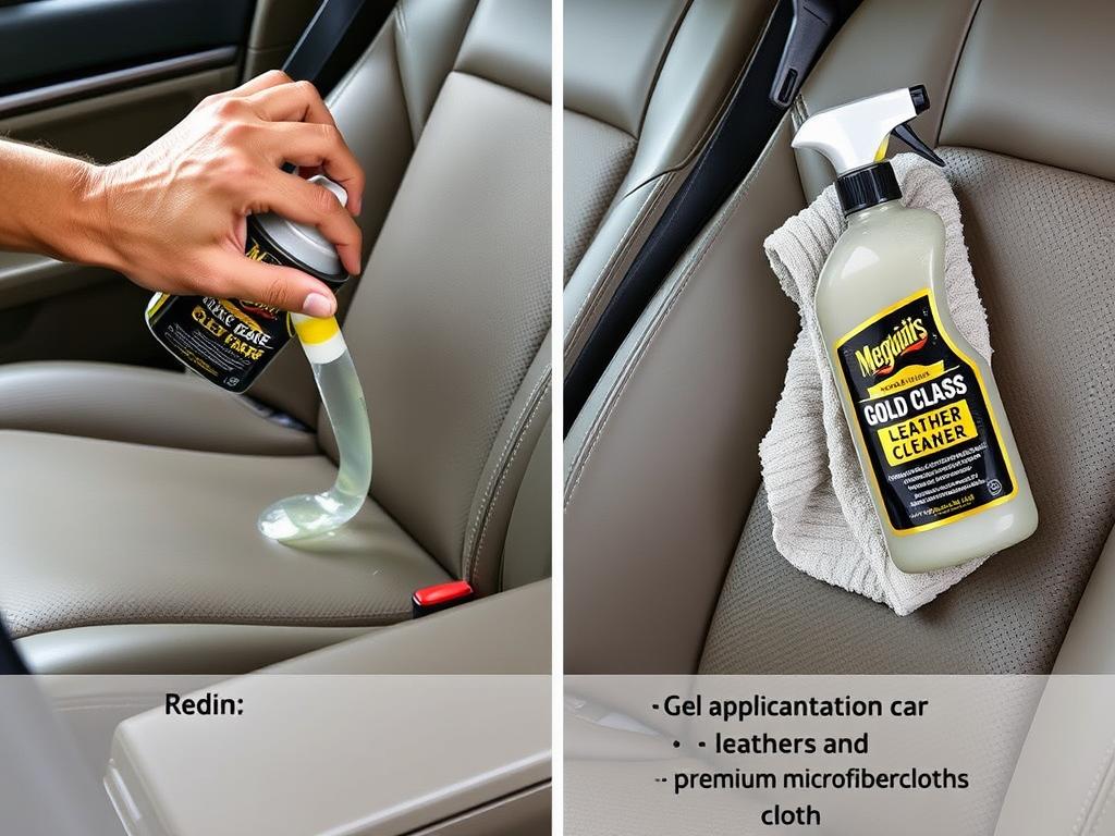 Meguiar's Gold Class Leather Cleaner being applied to luxury car interior
