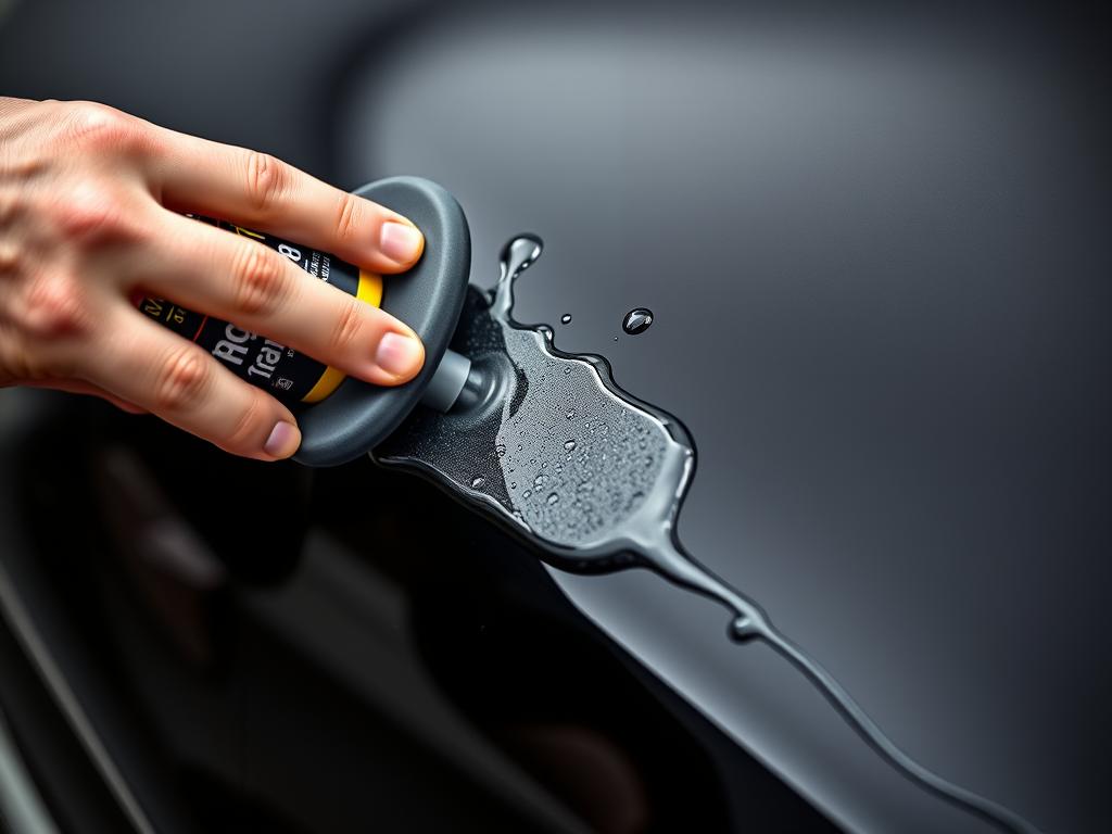 Meguiar's Hybrid Ceramic Liquid Wax being applied to black paint Meguiar's Hybrid Ceramic Liquid Wax being applied to black paint