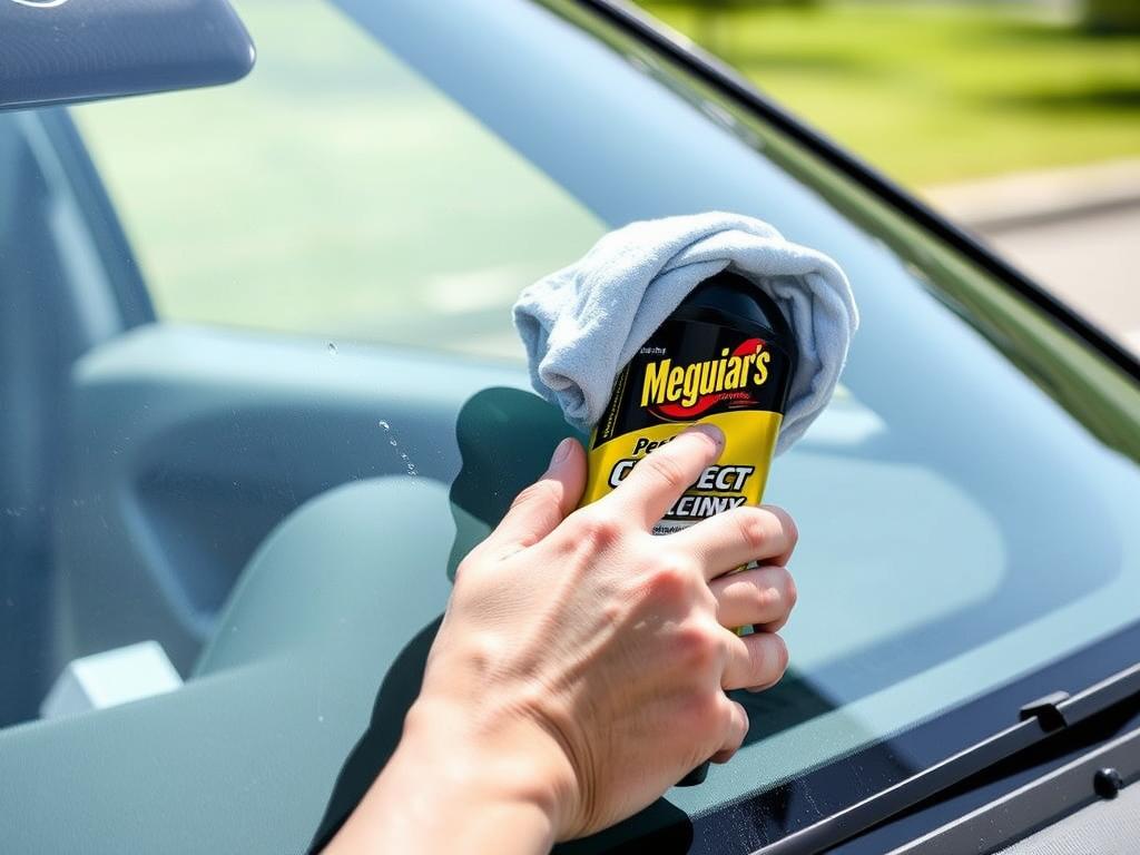 Meguiar's Perfect Clarity Glass Cleaner being applied to car windshield Meguiar's Perfect Clarity Glass Cleaner being applied to car windshield