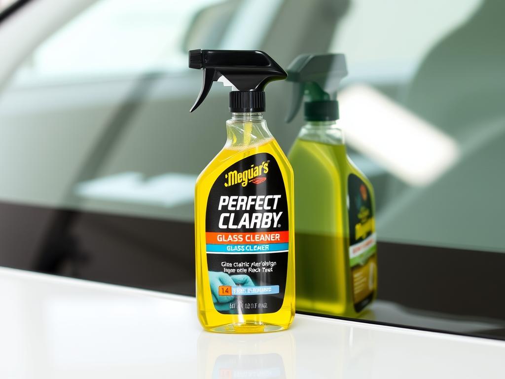 Meguiar's Perfect Clarity Glass Cleaner bottle with clear glass demonstration Meguiar's Perfect Clarity Glass Cleaner bottle with clear glass demonstration