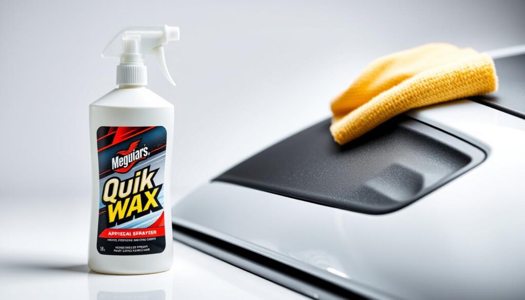 Meguiar's Quik Wax spray bottle and application showing fast application process Meguiar's Quik Wax spray bottle and application showing fast application process