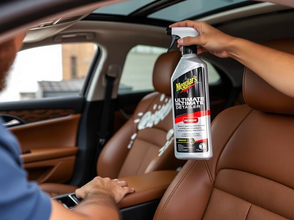 Meguiar's Ultimate Interior Detailer being applied to a luxury car interior