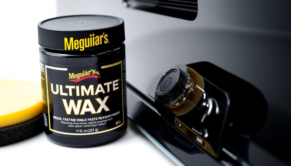 Meguiar's Ultimate Paste Wax container and application showing high gloss finish Meguiar's Ultimate Paste Wax container and application showing high gloss finish