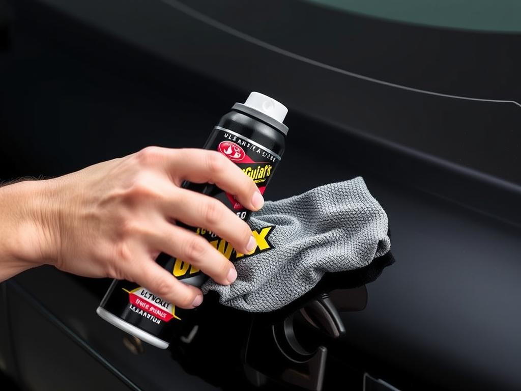 Meguiar's Ultimate Quik Wax being sprayed on black car paint Meguiar's Ultimate Quik Wax being sprayed on black car paint