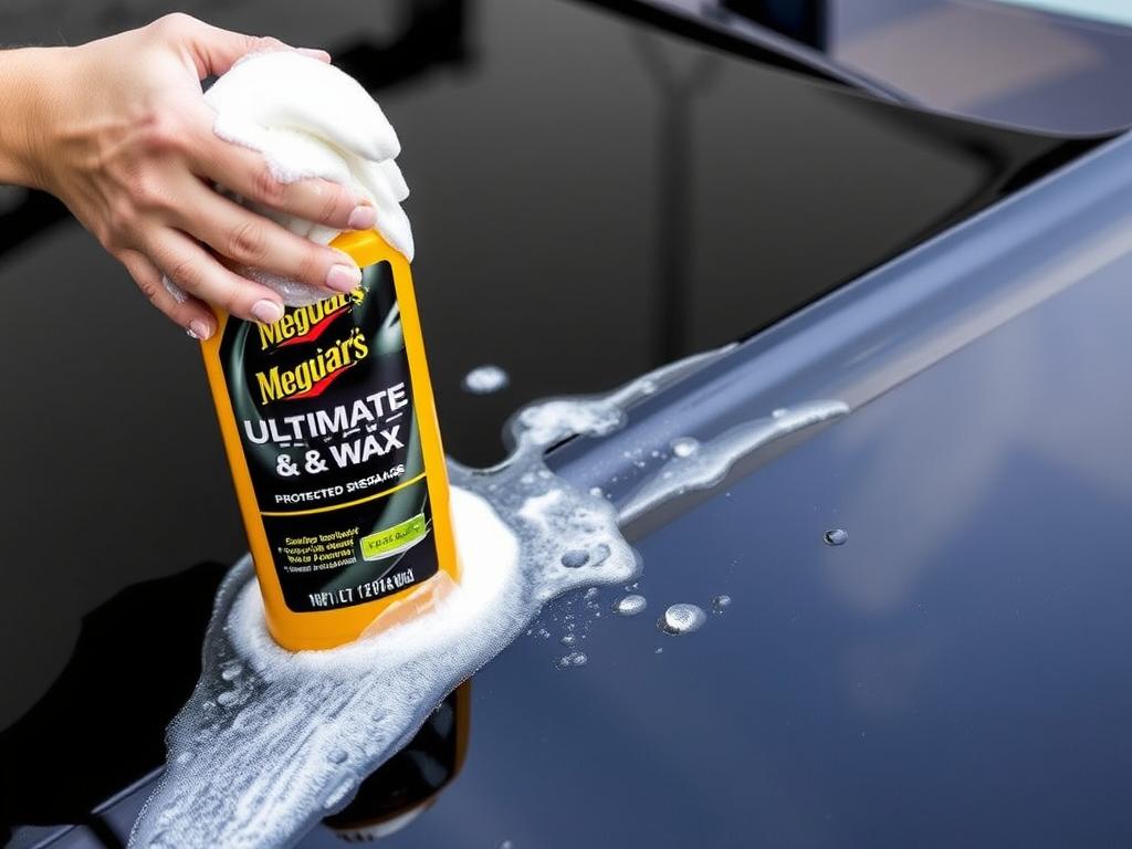Meguiar's Ultimate Wash & Wax bottle with foam and wax protection on black car paint Meguiar's Ultimate Wash & Wax bottle with foam and wax protection on black car paint