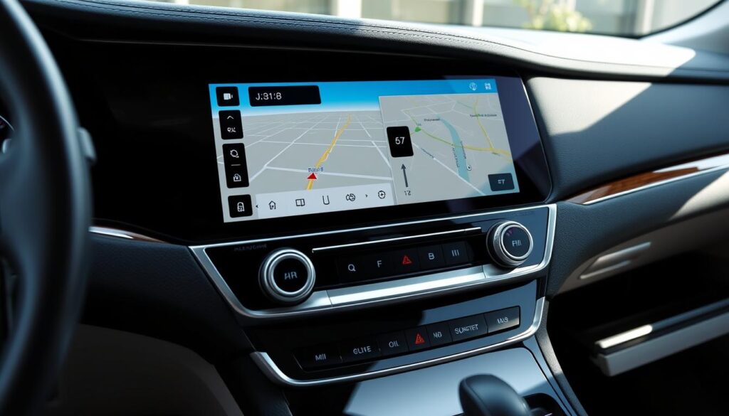 Modern car interior with premium car stereo showing navigation and music interface Modern car interior with premium car stereo showing navigation and music interface