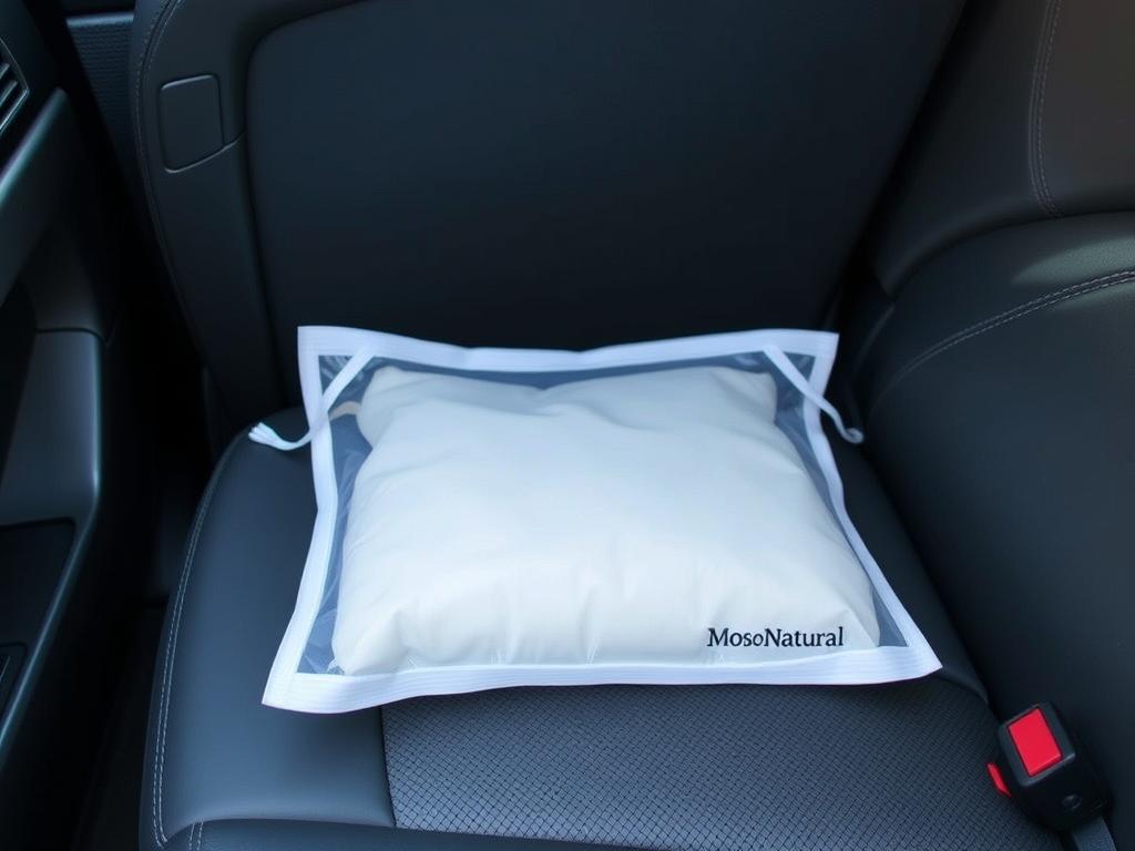 Moso Natural Air Purifying Bag placed under car seat Moso Natural Air Purifying Bag placed under car seat