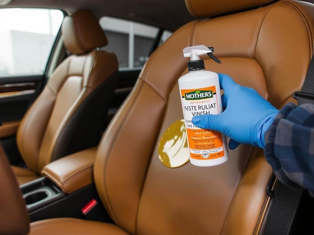 Mothers VLR being applied to leather car seats Mothers VLR being applied to leather car seats