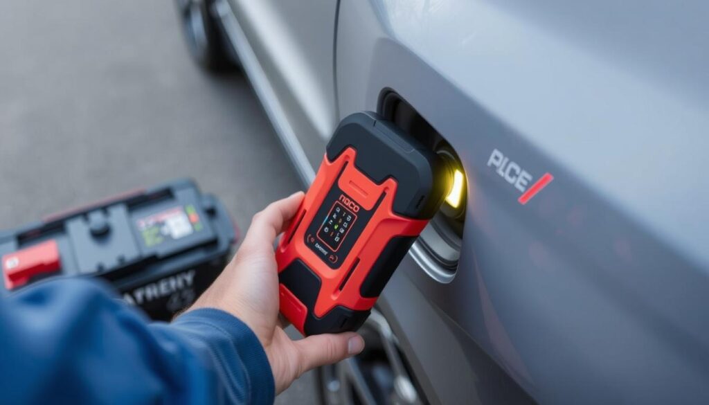 NOCO Boost Plus GB40 jump starter being used on a vehicle NOCO Boost Plus GB40 jump starter being used on a vehicle