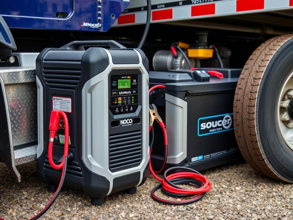 NOCO Genius GX4820 charging a commercial truck battery NOCO Genius GX4820 charging a commercial truck battery