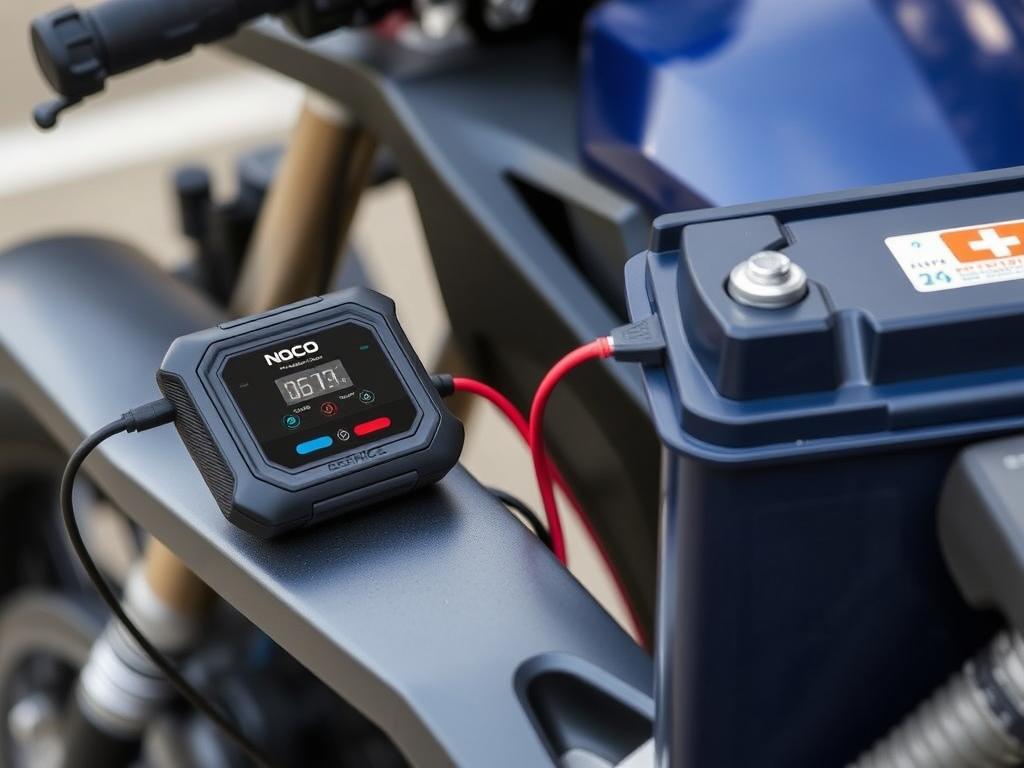 NOCO Genius1 compact charger with motorcycle NOCO Genius1 compact charger with motorcycle